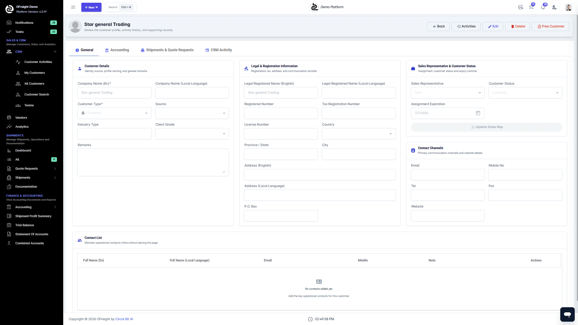 Sales dashboard and freight forwarding insights