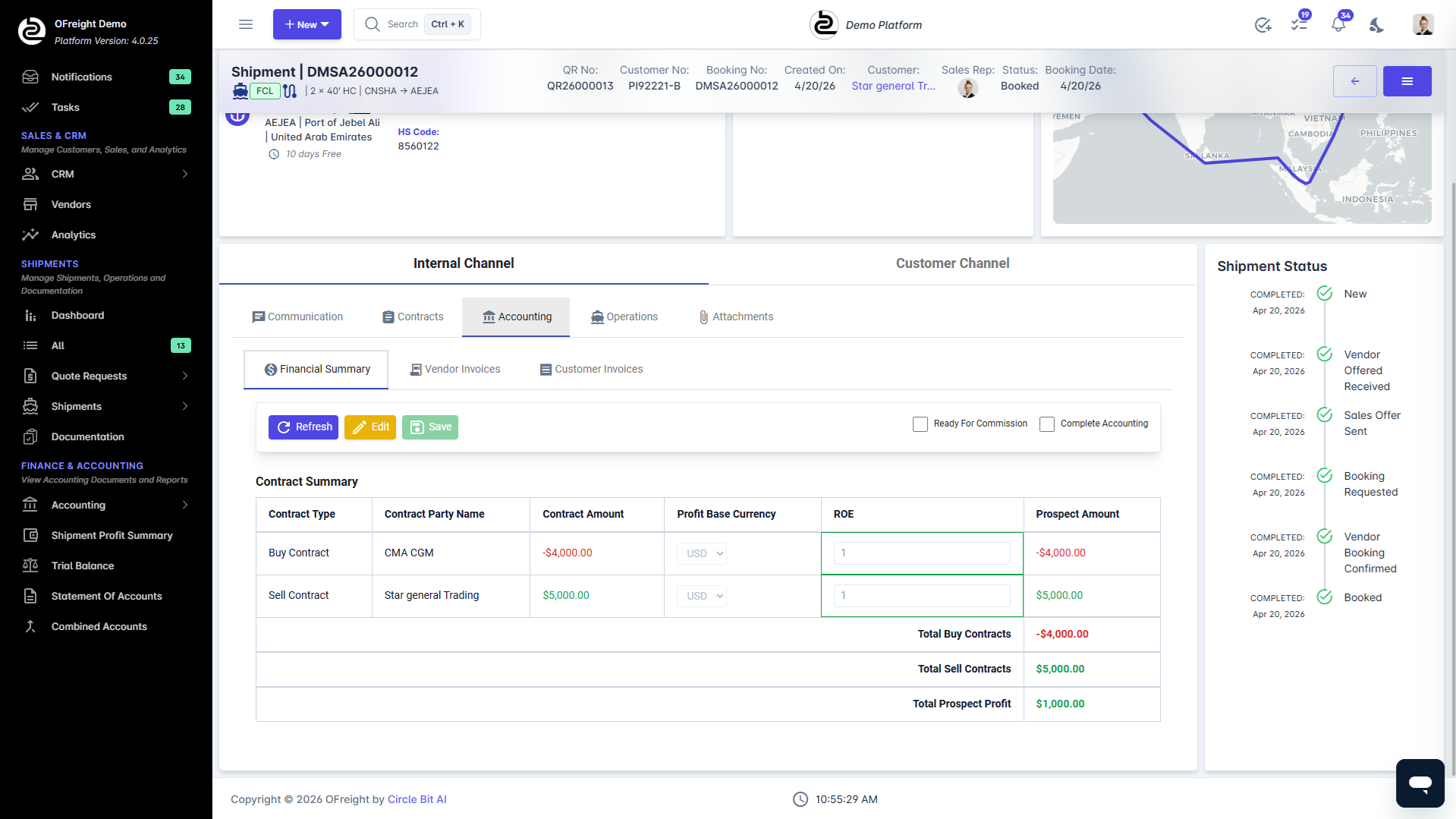 Shipment financial dashboard